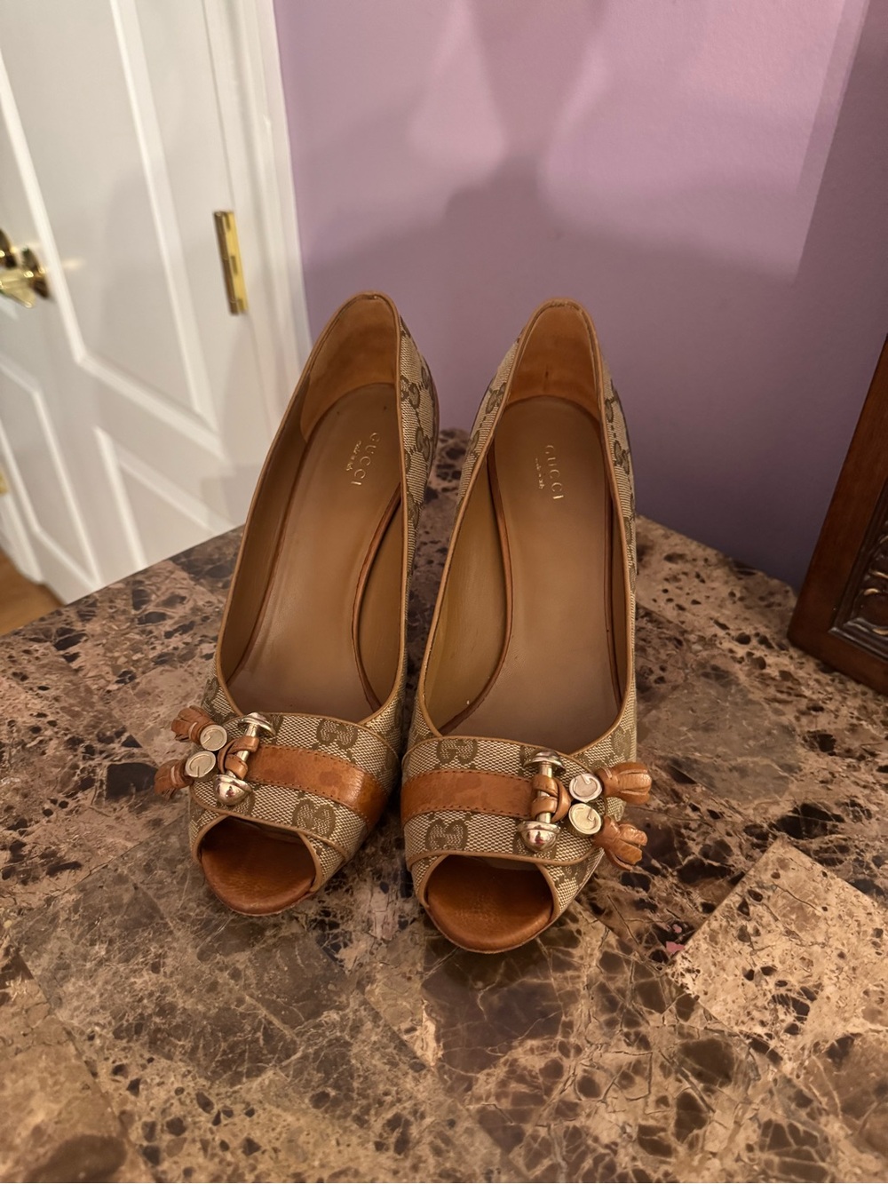 Gucci Beige and Tan Monogram Peep-Toe Heels with Charm Detail
